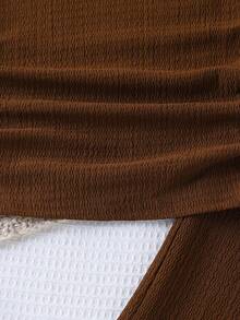 Girls' Short Sleeve Top And Wide Leg Pants Set, Solid Color Ribbed Short Sleeve Shirt + Ribbed Wide Leg Pants, Casual Versatile 2 Pieces Outfit - Coffee Brown - View 5