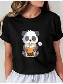 Camiseta Deportiva Casual para Mujer con Divertido Diseño de Panda Cartoon Bebiendoé de Burbujas - Camiseta Negra Elástica y de Cuello Redondo, Lavable aáquina, Ajuste Cómodo para Todas las Estaciones, Ropa Casual Femenina con Estilo Divertido. - Negro - Ver 6
