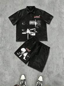 Washed Suit, 290g Washed Shorts, Mysterious Kiss Printing Suit, High-Quality Batik Cotton Suitable For Outdoor Sports, Bible Gift, Perfect Gift. - Black - View 1