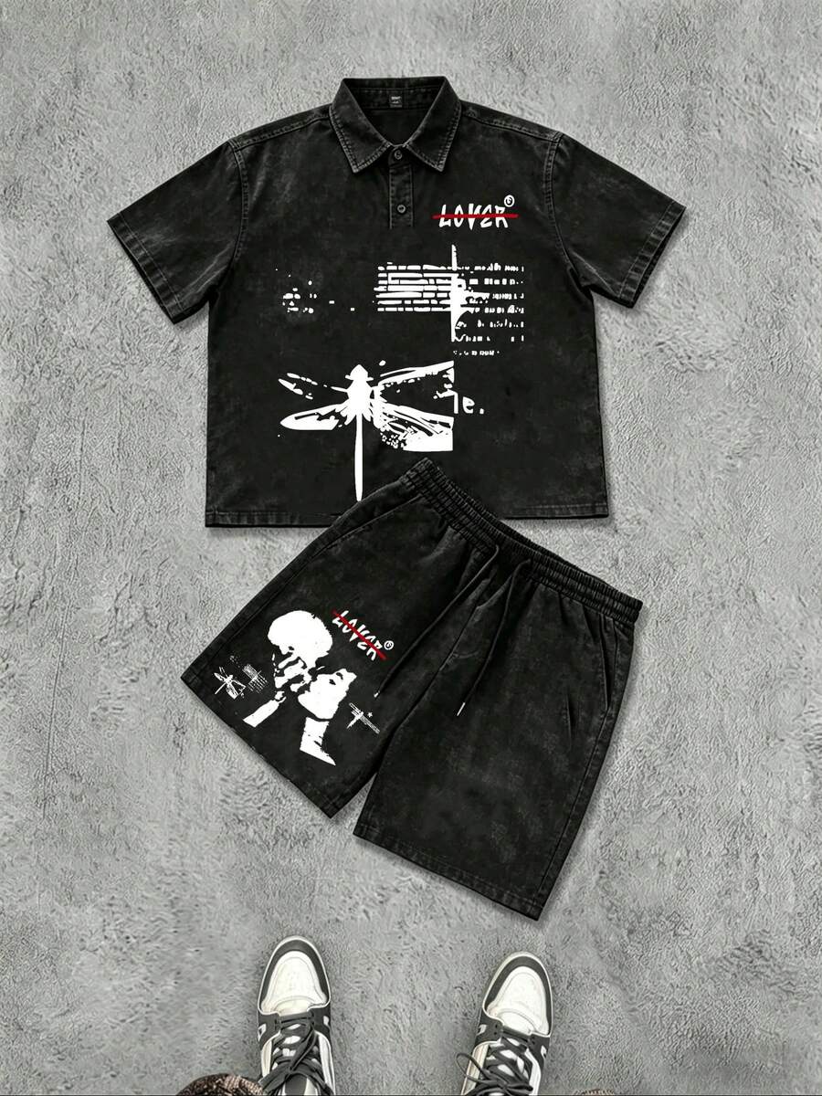 Washed Suit, 290g Washed Shorts, Mysterious Kiss Printing Suit, High-Quality Batik Cotton Suitable For Outdoor Sports, Bible Gift, Perfect Gift. - Black - View 1