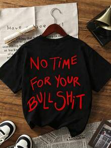 Camiseta de mujer moderna, holgada y con estilo, con la frase "No Time For Your " escrita a mano, transpirable y cómoda, de manga corta, de algodón suave y cuello redondo, ideal para salidas casuales y looks de moda audaces. - Negro 2 - Ver 1
