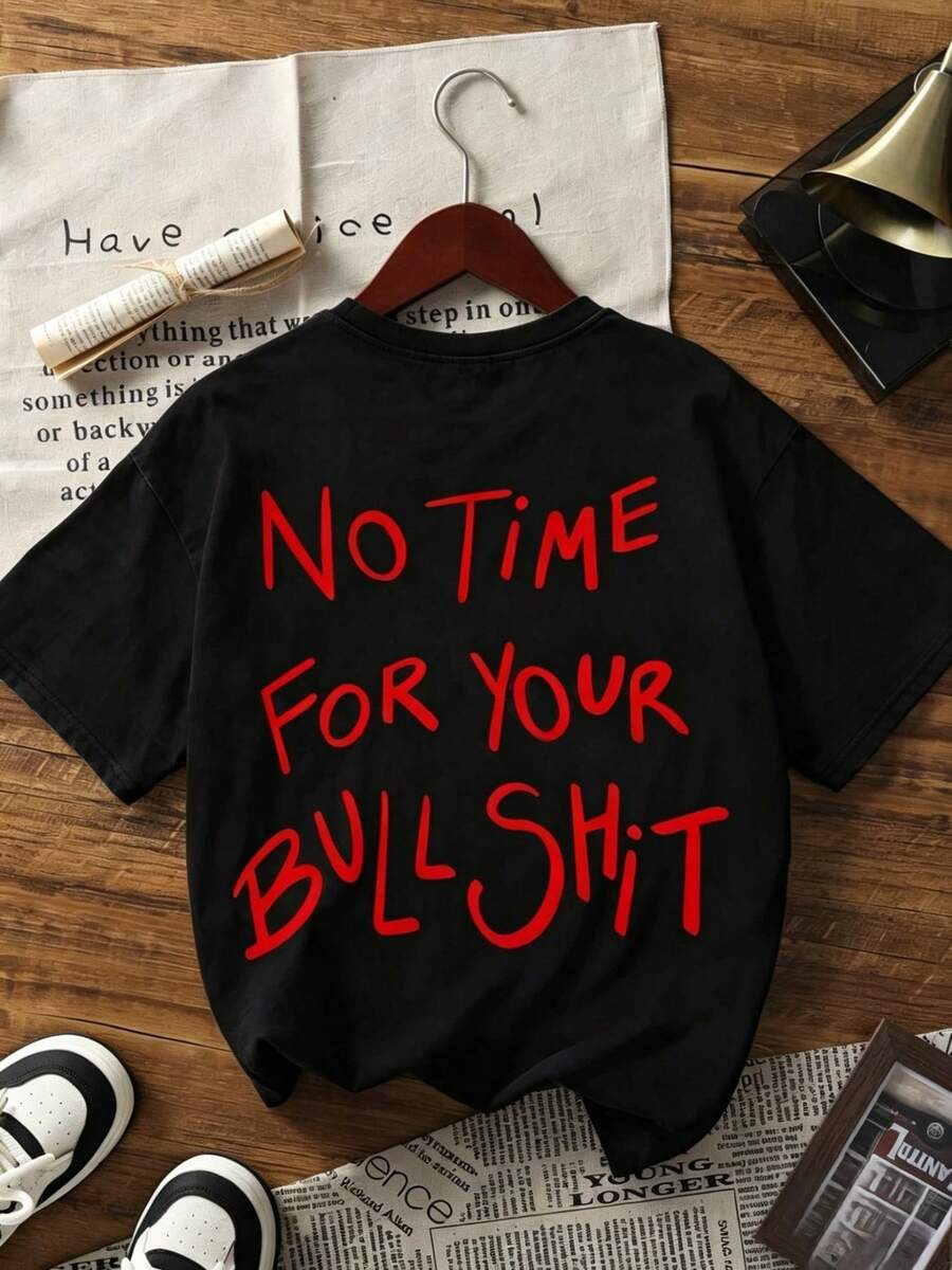 Camiseta de mujer moderna, holgada y con estilo, con la frase "No Time For Your " escrita a mano, transpirable y cómoda, de manga corta, de algodón suave y cuello redondo, ideal para salidas casuales y looks de moda audaces. - Negro 2 - Ver 1