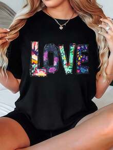 Black Short Sleeve T-Shirt 2026 With Colorful LOVE Print, Casual Clothing, Casual Blouses For Women - 黑色 - 查看 3