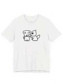 Casual Crew Neck T-Shirt, Plus Size T-Shirt For Women, Printed T-Shirt For Women, Printed With A Cartoon Cat Touching A Dog Design - Fun Print, Machine Washable, Casual And Versatile, Loose And Comfortable, A Perfect Gift For A Good Friend. - 白色 - 查看 8