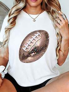 Camiseta de mujer, camiseta blanca de corte holgado con estampado holográfico de purpurina de fútbol americano, camiseta de cuello redondo con estampado brillante de colores del arcoíris, top casual de verano transpirable para mujer - el regalo perfecto para los fans de los Saints. - Blanco - Ver 1