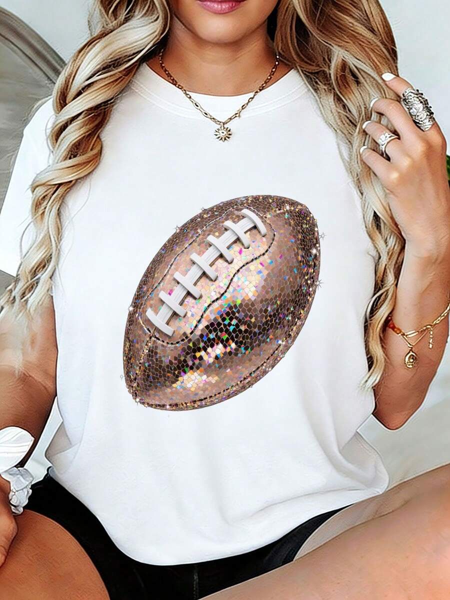 Camiseta de mujer, camiseta blanca de corte holgado con estampado holográfico de purpurina de fútbol americano, camiseta de cuello redondo con estampado brillante de colores del arcoíris, top casual de verano transpirable para mujer - el regalo perfecto para los fans de los Saints. - Blanco - Ver 1
