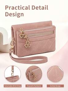 MIYIN Minimalist Vintage Rhombus Women's Wallet, Portable Snap Closure Short Wallet With Dual Zipper Coin Pocket, Card Slots, ID Window, And Wrist Strap - Multicolor - View 11