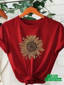 Camiseta de cuello redondo para mujer con estampado de anime y letras de edición limitada, diseño sencillo, cómoda y transpirable, adecuada para uso casual diario, que muestra un estilo natural y elegante, imprescindible para fiestas de verano, envío local, estampado de girasol y leopardo, algodón ligero. - Rojo - Ver 12