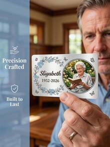 1pc Custom Photo Memorial Aluminum Wallet Insert Card, Personalized Text Memorial Card, Customizable Name & Date Sympathy Keepsake Card, Forget-Me-Not Floral & Butterfly Design With Round Photo Frame, Brushed Aluminum Material - Silver - View 6