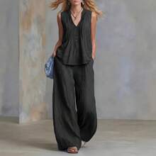 Conjunto Dos Piezas Estilo Europeo Americano 2026 para Mujer, Top Sin Mangas Holgado con Fruncido Cuello V Color Sólido y Pantalones Casuales - Negro - Ver 4