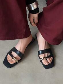 French Retro Open Toe Mule Sandals, Summer Slip-On Sandals, Thick Heel High Heels - Black - View 5