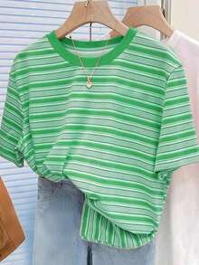 Camiseta de mujer de manga corta a rayas de colores vintage, top casual de cuello redondo para el verano - Multicolor 14 - Ver 1
