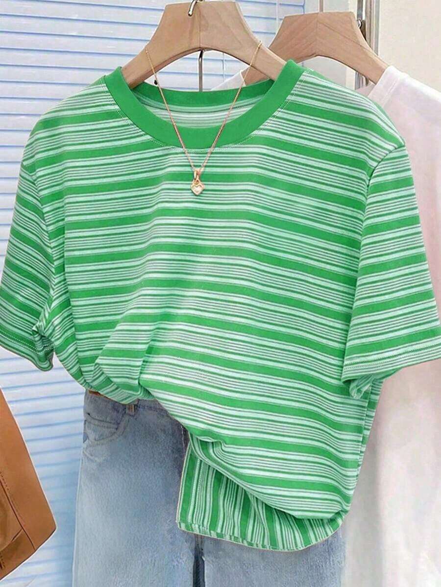 Camiseta de mujer de manga corta a rayas de colores vintage, top casual de cuello redondo para el verano - Multicolor 14 - Ver 1