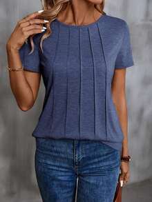 Camiseta De Manga Corta Con Pliegues Delanteros Y Prolongados Para Mujer - Azul marino - Ver 6