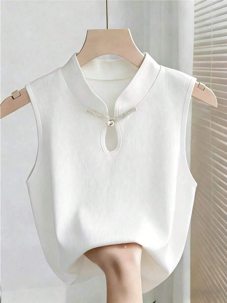 Chaleco de punto de unicolor con botones de perlas de estilo chino, elegante y de moda, sin mangas para mujer - Blanco - Ver 1