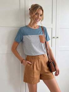 Camiseta de mujer de manga corta con bolsillo y rayas, informal - Multicolor - Ver 4