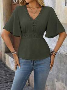 LUNE Blusa de encaje y parches para la cintura, ideal para vacaciones - Verde militar - Ver 7