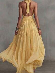 Vestido largo sin mangas con escote en V profundo y volantes, corte en A y bajo acampanado para mujer. - Amarillo - Ver 4