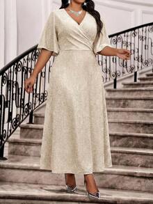 Vestido de fiesta elegante con cuello en V y cintura fruncida para tallas grandes - Albaricoque - Ver 3