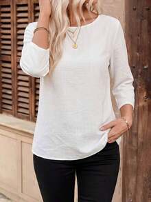 Camisa casual de mujer de manga larga y cuello redondo de unicolor - Blanco 2 - Ver 5