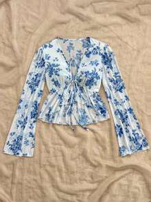 Blusa informal de unicolor con mangas acampanadas para mujer - Azul y blanco - Ver 6