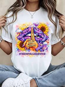 Camiseta con diseño de la cinta de concientización sobre la fibromialgia, color morado, con girasoles, mariposas y una cita inspiradora para sobrevivientes de fibromialgia y grupos de apoyo.Transpirable y cómoda. - Blanco - Ver 7
