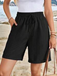 Pantalones cortos casuales de unicolor con bolsillos y cordón para la cintura para mujer - Negro - Ver 7