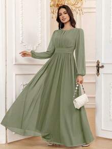 Vestido de dama de honor formal de gasa de manga larga hasta el suelo con corte evasé, color borgoña elegante, vestido de invitada de boda, mangas sin forro, primavera - Matcha - Ver 1