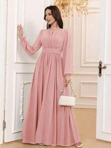 Vestido de dama de honor formal de gasa de manga larga hasta el suelo con corte evasé, color borgoña elegante, vestido de invitada de boda, mangas sin forro, primavera - Rosa Pálido - Ver 3