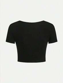 Camiseta ajustada de mujer con escote en V y manga corta - Negro 2 - Ver 2