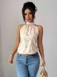 Blusa elegante y casual con estampado, de hombros descubiertos y sin mangas para mujer - Albaricoque - Ver 6