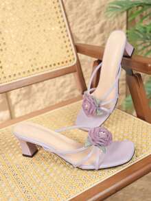 Women's Comfortable Square Toe Chunky Heel Sandals, 3D Floral Decor Thin Strap Open Toe Slides, Purple Faux Leather, Elegant Summer Beach & Daily Wear Slippers - Lilac Purple - View 3