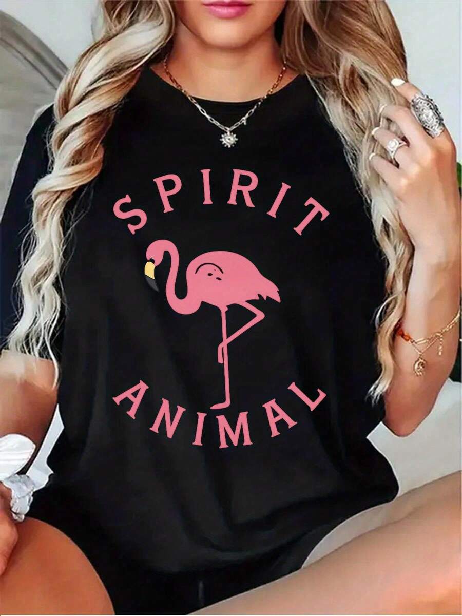 NEW Fashionable Women's T-Shirt With Neon Flamingo Silhouette And Totem Animal Print - Casual Short Sleeve Crew Neck T-Shirt - Machine Washable - Unisex Vintage Urban Style - Loose Fit Cotton Crew Neck Short Sleeve T-Shirt - 黑色 - 查看 1