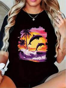 Unique T-Shirt With A Vibrant Design Of Dolphins Leaping Over Waves And Palm Trees At Sunset, A Y2K Style Perfect For Summer. Ideal For Those Who Love The Beach And Nature In Mexico, A Must-Have For Your Wardrobe And Sure To Make You Stand Out On Any Occasion. HBTC - 黑色 - 查看 1