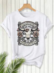 Beautiful Disaster Skull And Roses Design Vintage Western Style Women's T-Shirt Summer Casual Wear Gift For Her - White - View 1