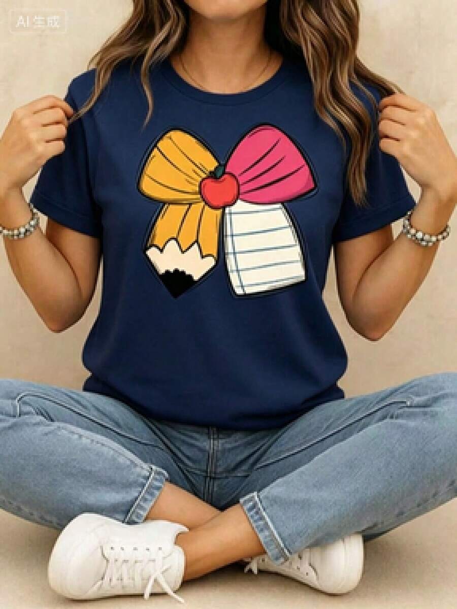 This Casual T-Shirt Features A Simple Print, A Round Neck, And Short Sleeves. The Classic, Basic Design Is Universally Flattering, And The Loose, Relaxed Fit Feels Comfortable And Breathable. The Fine, Soft Texture Is Soft Against The Skin And Breathable, So It Won't Pill Or Lose Its Shape Over Time. The Subtle, Elegant Print Design Is A Must-Have For Summer. This Versatile Piece Pairs Perfectly With All Kinds Of Bottoms-You Can't Go Wrong. - 藏蓝色 - 查看 1