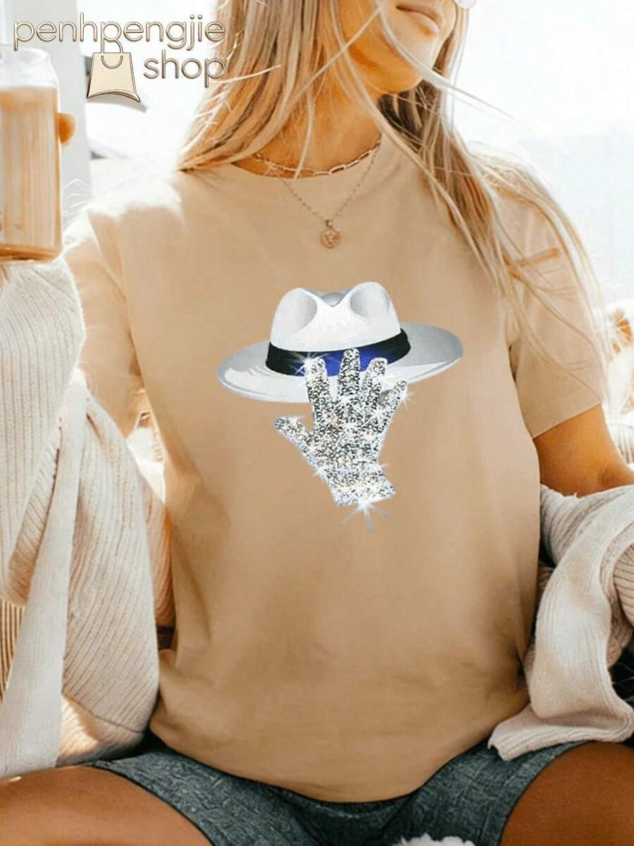 Camiseta Oversize Estampada "The King Of Pop" de Jackson para Mujer, Ropa para Conciertos, Camisetas Estampadas para Mujer, Ropa para Vacaciones en la Playa, Ropa de Verano para Mujer, Ropa para Conciertos Country, Ropa para Brunch para Mujer - Albaricoque - Ver 1