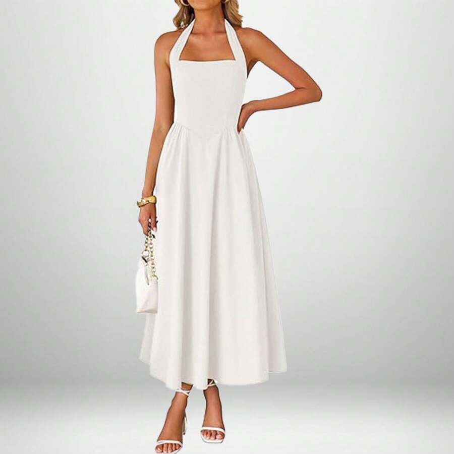 Women's Beige Corset Spaghetti Strap Midi Dress, Sweetheart Neck A-Line Flare Dress, Elegant Bridesmaid & Wedding Guest Dress - 29325-白色 - 查看 1