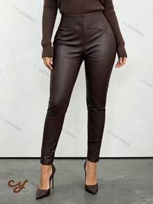 Women's Leather Leggings, Faux Leather, Resin-Coated, Skinny, Fitted, Versatile, With Flannel Lining, Perfect For Everyday Wear. - 咖啡店 - 查看 8