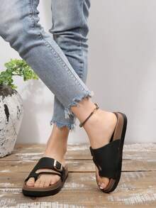 2026 Hot Selling Women's Black & White Double Buckle Thick Sole Slippers, Suitable For Mother's Day Gift For Mom - Black - View 3