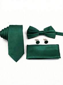 Set de 4 piezas para hombre de negocios con corbata de unicolor de poliéster, pajarita, pañuelo de bolsillo y gemelos, para bodas - Verde Oscuro - Ver 2