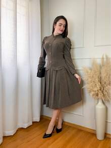 Elegant Women's Winter Midi Dress, Long Sleeves, Fitted Waist, Flared Jacquard, Sizes M, G, GG, G1 - Xám Xanh - Xem 2