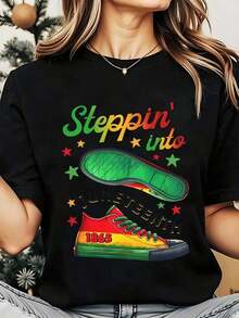 Women's Crew Neck T-Shirt With Steppin Into Nineteenth 1865 Sneakers Print, Casual Christmas Clothing, 220g, Women's T-Shirts - 黑色 - 查看 1