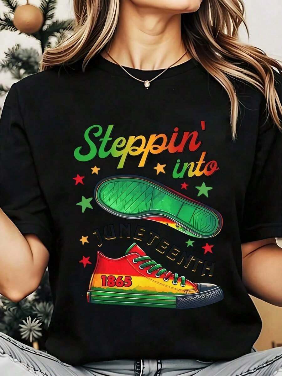 Women's Crew Neck T-Shirt With Steppin Into Nineteenth 1865 Sneakers Print, Casual Christmas Clothing, 220g, Women's T-Shirts - 黑色 - 查看 1