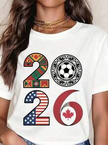 Women's Casual Summer T-Shirt, White Graphic Tee For Young Women With 2026 World Cup Design, Featuring A Soccer Ball Pattern And The Flags Of Mexico, The USA, And Canada, For Soccer Fan Events - 白色 - 查看 9