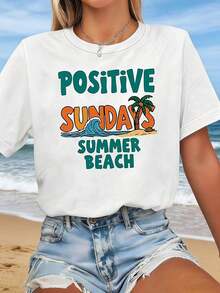 Soft, Lightweight Graphic Tees, Plus Size Tees, Perfect For Summer Vacation, With The "Positive Says Summer Beach" Print. White Short-Sleeved, Crew Neck, And Printed Tee - Machine Washable, Suitable For Spring, Summer, And Fall, Casual Style, Comfortable Fit, Modern Design, Versatile For Everyday Wear, Soft Fabric, Fashionable Style, 100% Cotton, A Great Choice. New Women's Summer T-Shirt, Casual And Comfortable Crew Neck Top - 白色的 - 查看 1
