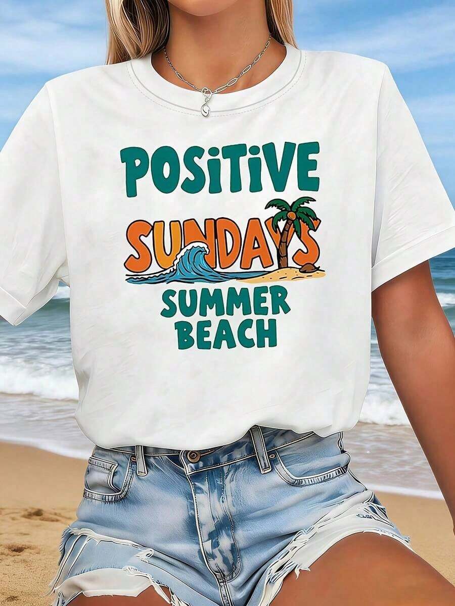 Soft, Lightweight Graphic Tees, Plus Size Tees, Perfect For Summer Vacation, With The "Positive Says Summer Beach" Print. White Short-Sleeved, Crew Neck, And Printed Tee - Machine Washable, Suitable For Spring, Summer, And Fall, Casual Style, Comfortable Fit, Modern Design, Versatile For Everyday Wear, Soft Fabric, Fashionable Style, 100% Cotton, A Great Choice. New Women's Summer T-Shirt, Casual And Comfortable Crew Neck Top - 白色的 - 查看 1