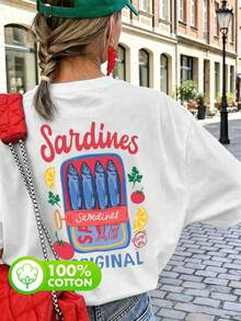 Women's White Minimalist Summer Top, 100% Cotton, Cartoon Sardine Print, Round Neck, Short Sleeves. - Banc - View 2