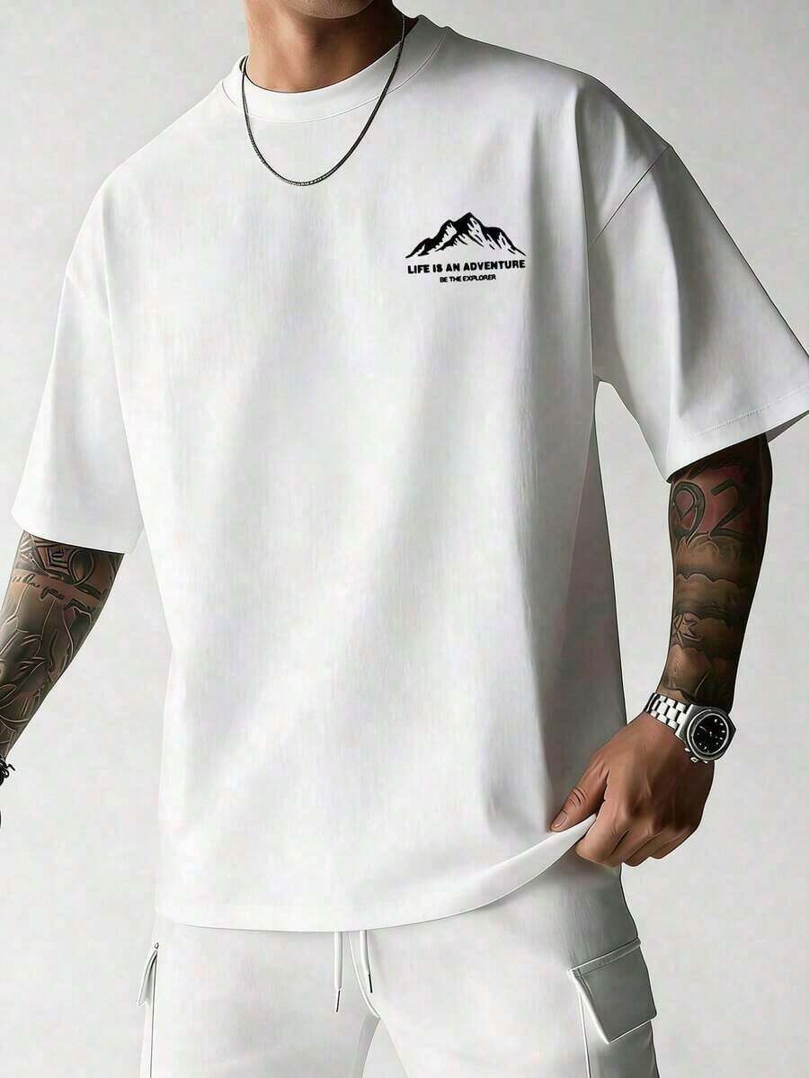 Men's Casual Short-Sleeved T-Shirt With Crew Neck, Mountain Pattern And Summer Slogan - 魏斯 - 查看 1