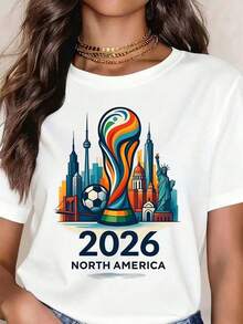 Camiseta de manga corta con cuello redondo y estampado para mujer Copa del Mundo Trofeo Norteamérica 2026 S-3XL moda, cómodo y transpirable uni lavable a máquina - Blanco - Ver 2